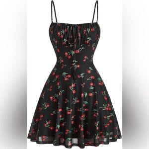 Women's Cherry Print Cami Dress Summer Ruched Bust Flared Hem Skater Dress
